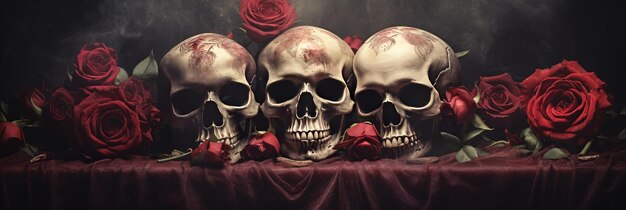 Photo enchanting fusion gothic skulls and ferrotype witchcraft transcend with red roses in wiccan realm