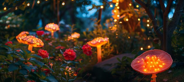 Enchanting garden with giant flowers and glowing mushrooms illuminated by magical light