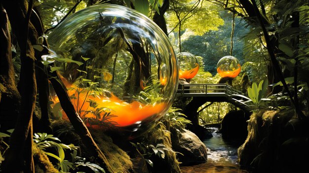Enchanting glass spheres float above a serene stream in a sunlit forest wonderland