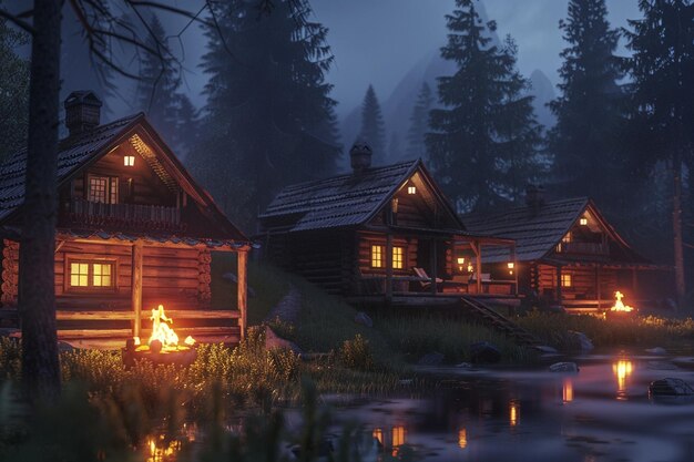 Enchanting glow of firelight flickering in cabins