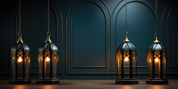 Photo enchanting gold lanterns against a blue backdrop ramadan and eid wallpaper