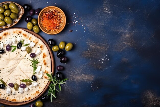 Photo enchanting greek cuisine flat lay with olives and feta