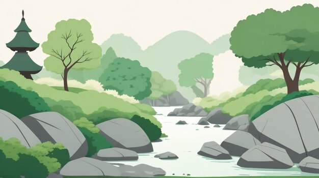 Enchanting Green Forest by the River Nature Drawing