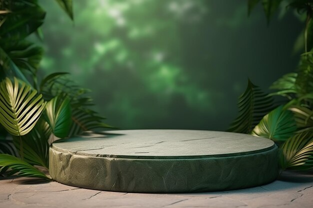 Enchanting green oasis natural stone and concrete podium for captivating packaging product presenta