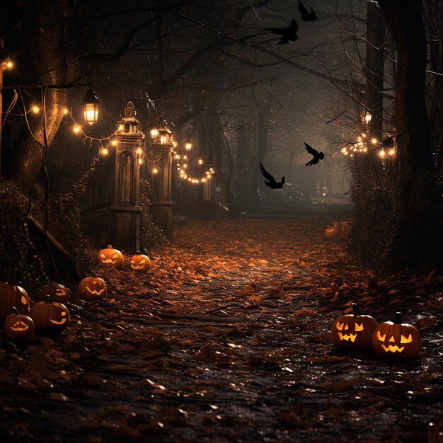 Enchanting Halloween haunted garden with glowing pumpkins magical creatures and pathways