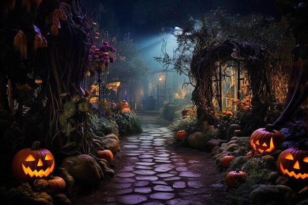 Premium Photo  Enchanting Halloween haunted garden with glowing 
