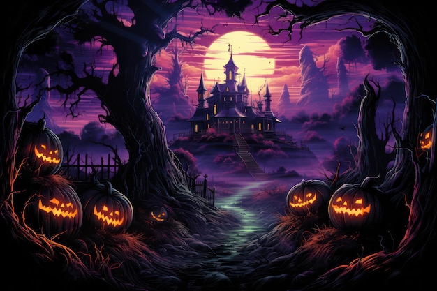 Enchanting Halloween Night Illustrated Background with a Mystical Aura Perfect for All Hallows' Eve