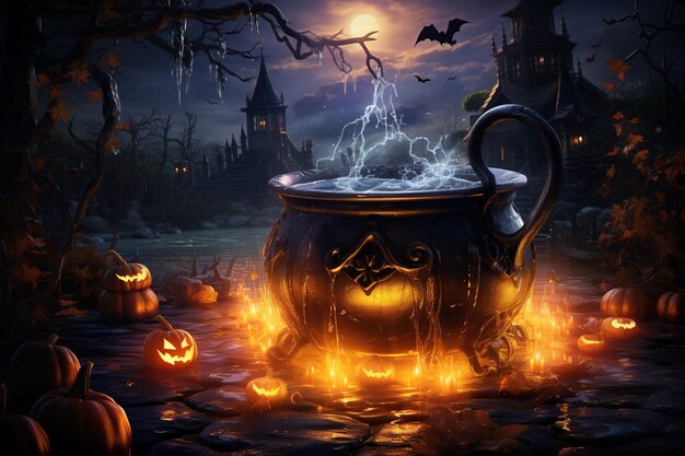 Enchanting Halloween Night A Mysterious Cauldron's Glow Created with Generative AI