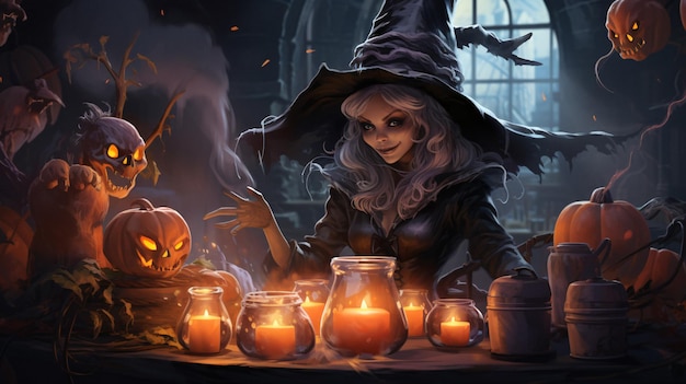 Enchanting Halloween Witch Casting Spells at a Candlelit Table with Pumpkins Generative AI