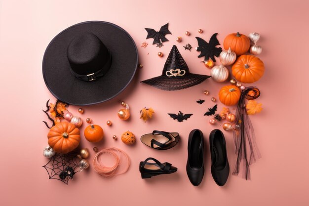 Foto incantevole costume di strega di halloween per la tua bambina, accessori deliziosi e decorazioni inquietanti.