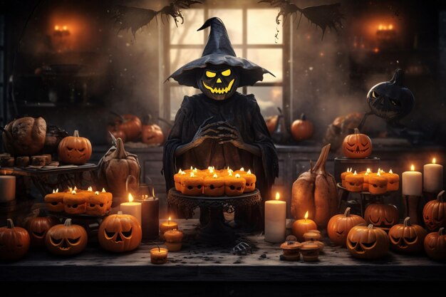 Enchanting Halloween Witch with Pumpkins and Candles on Table Arafed Generative AI