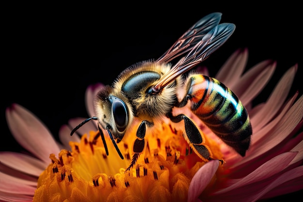 An Enchanting Honey Bee Flies Above a Delicate Flower Nature's Splendor in its Golden Glory