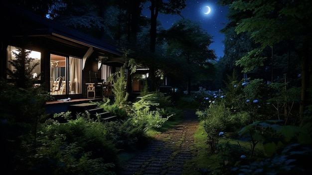 Photo enchanting house in the woods at night