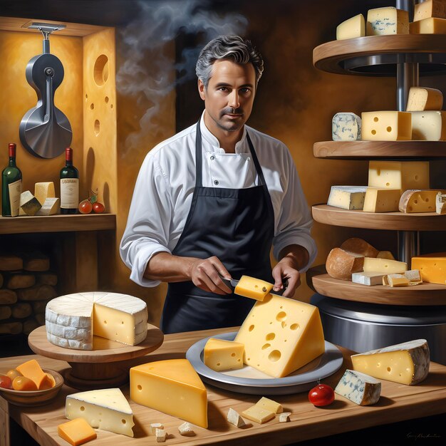 In an enchanting hyperrealistic oil painting a figure stands captivated holding a raclette cheese