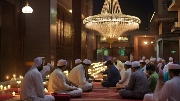 Enchanting Idul Adha Evening Mosque Adorned with Glowing Lights During Prayer