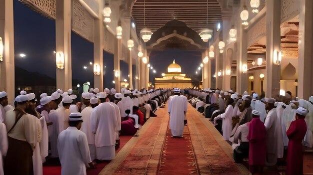 Enchanting Idul Adha Evening Mosque Adorned with Glowing Lights During Prayer