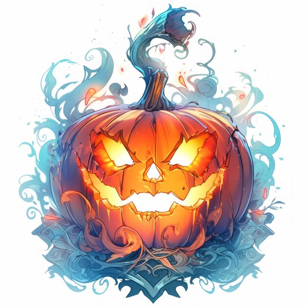 Enchanting Illumination Ornate Character Design with Spooky Halloween Pumpkin in Light Blue Orange