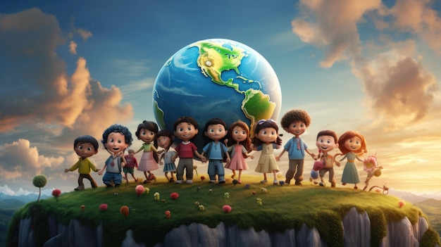 An enchanting illustration of a group of diverse children holding hands around a giant Earth