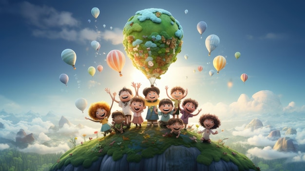 巨大な地球の周りで手をつないでいる多様な子供たちのグループを描いた魅力的なイラスト