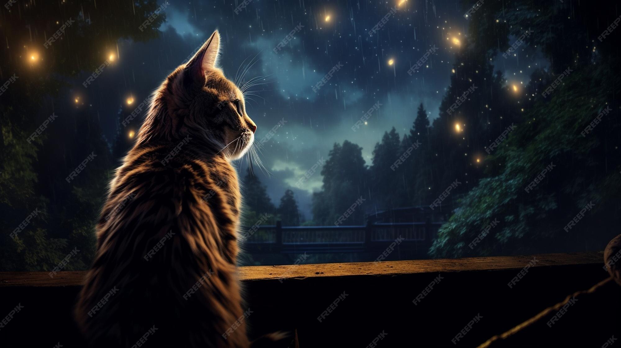 Premium AI Image | An enchanting image of a cat gazing out at a starry 