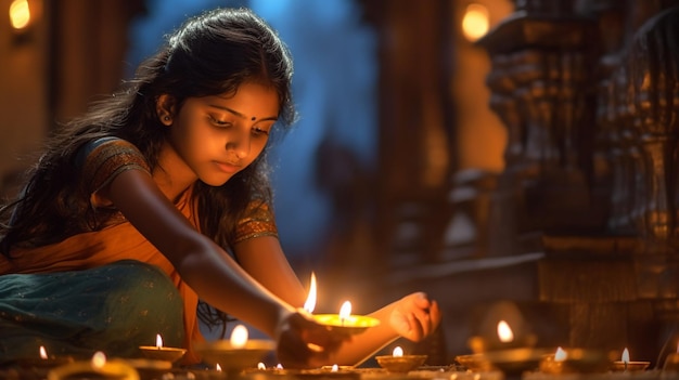リグ祭の期間中にインドの伝統的なランプであるディヤに火を灯す女の子の魅惑的な画像
