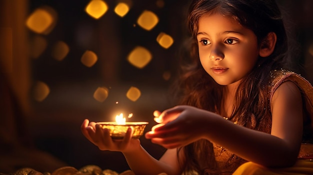 An enchanting image of a girl lighting a diya a traditional Indian lamp during the festival of lig