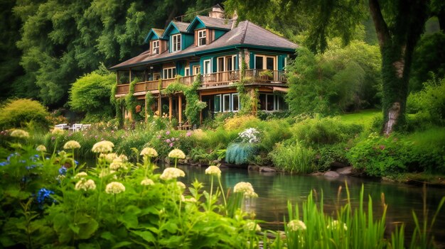 An enchanting image of a luxurious cottage by the river offering a peaceful and harmonious connection with nature