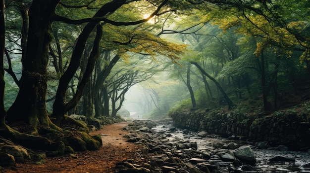 An enchanting image of a misty morning in a forest adorned with colorful leaves