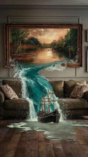 Enchanting Image A River Emerges from an Oil Painting Overflowing into a Cozy Living Space