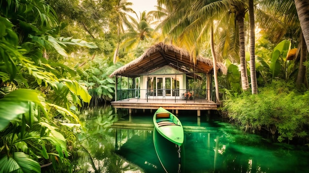 An enchanting image of a sophisticated waterfront bungalow surrounded by nature and offering kayak adventures for an unforgettable summer escape