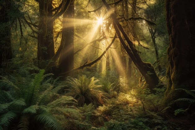 Enchanting image of sunburst patterns shining through a dense and mystical forest