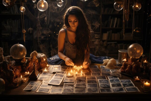 Очаровательное изображение женщины, занимающейся магией, с картами Таро и эзотерическими украшениями