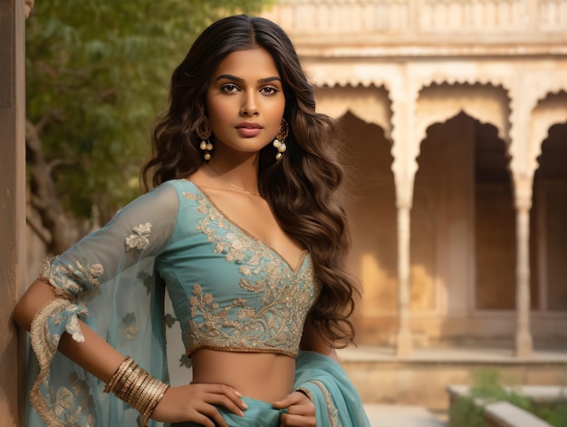 Photo enchanting indian beauty celebrating elegance in traditional attire amidst a serene courtyard