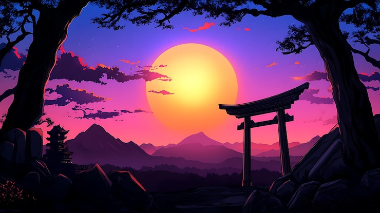 Photo enchanting japan inspired cartoon landscape with vibrant sunset and ancient temple sanctuary