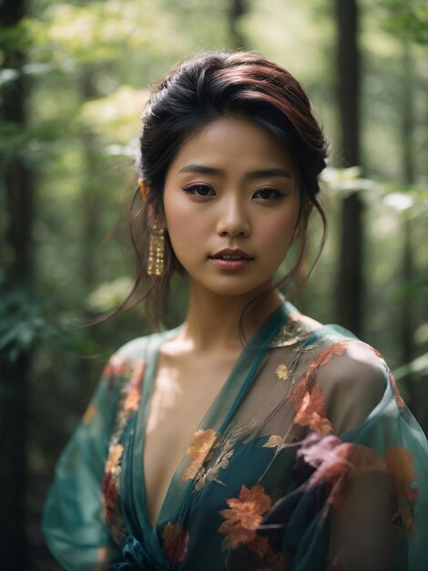 写真 森で捕らえられた魅力的な日本人女性 オーガンザのエレガンスを着ている