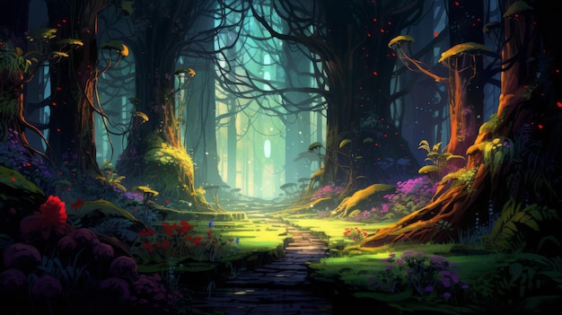 Enchanting Journey A Glowing Pathway Through An Imaginary Forest