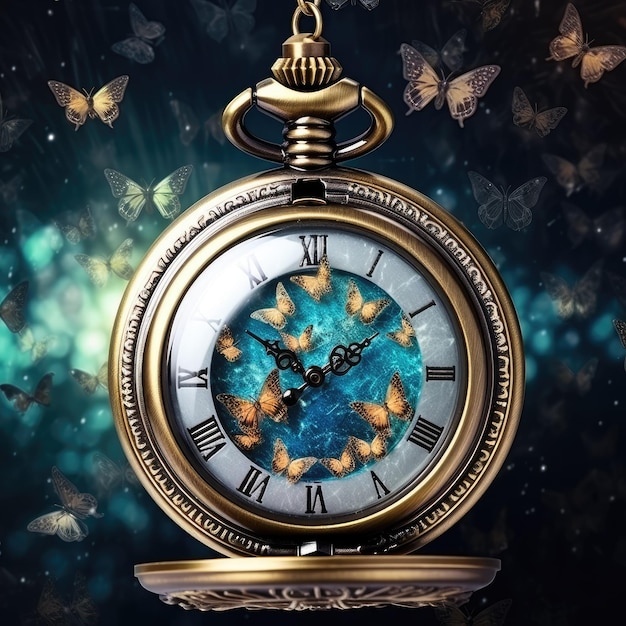 The Enchanting Journey A Vintage Pocket Watch in a Time Travel Tunnel Amidst a Celestial Butterfly