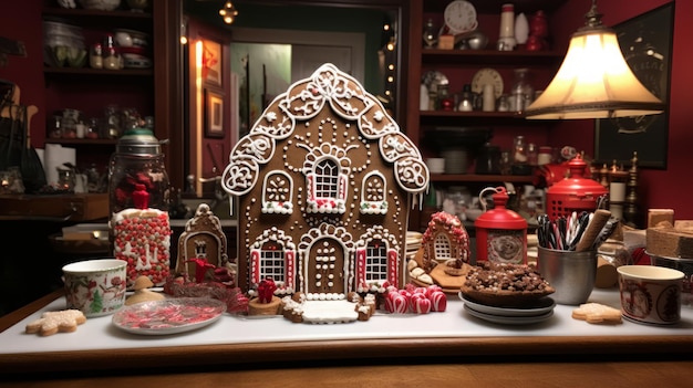 Photo the enchanting journey when a woman's hands transform her kitchen into a majestic gingerbread maste