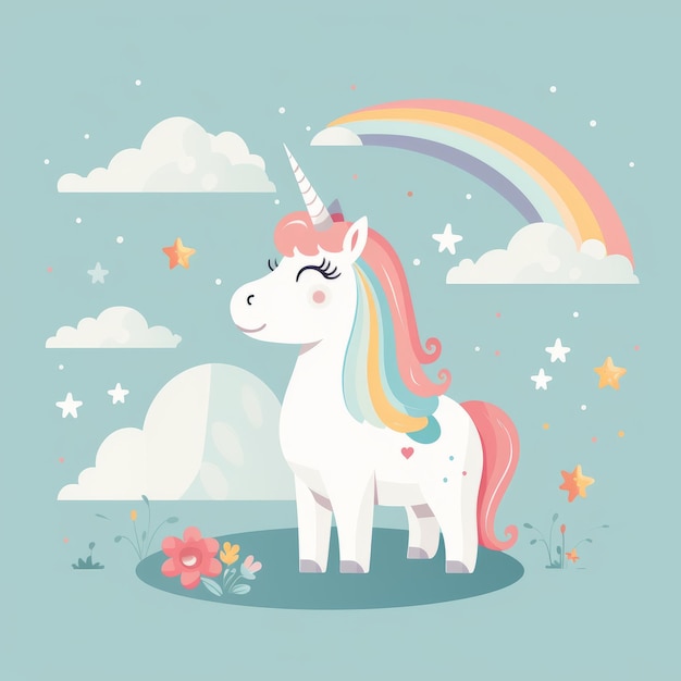 Enchanting Kids' Flat Vector Unicorn Illustration against a Vibrant Background