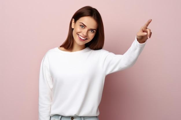 Enchanting Lady in Casual Attire Pointing Towards a Joyful Sign Radiating Happiness Posed Gracefu