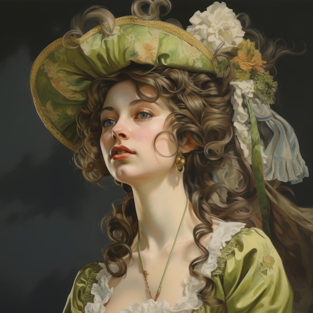 Enchanting Lady In Green Hat Rococoinspired Hyperrealistic Painting