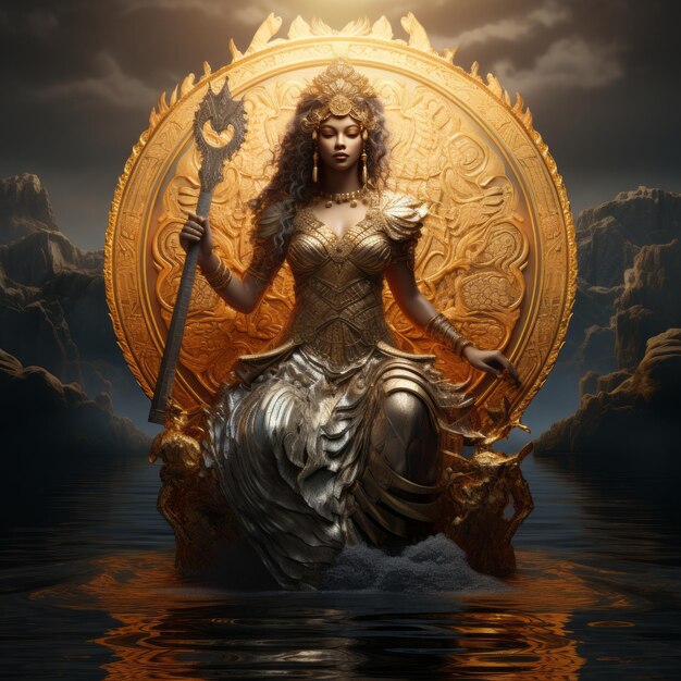 Photo the enchanting lake nymph a dazzling goddess embracing dual axes with golden and silver radiance m