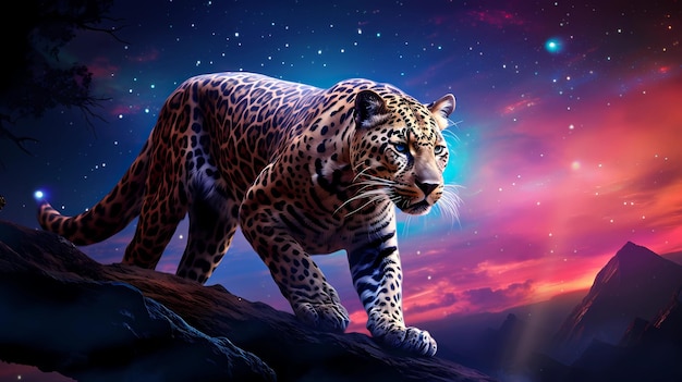 An enchanting leopard digital art with a galaxy background