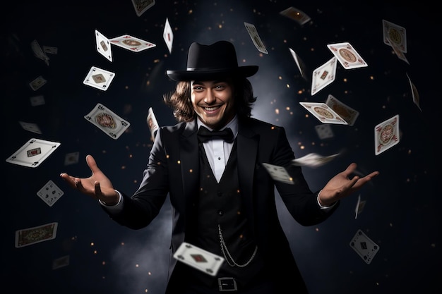 Photo the enchanting magician a dazzling display of cards and charisma