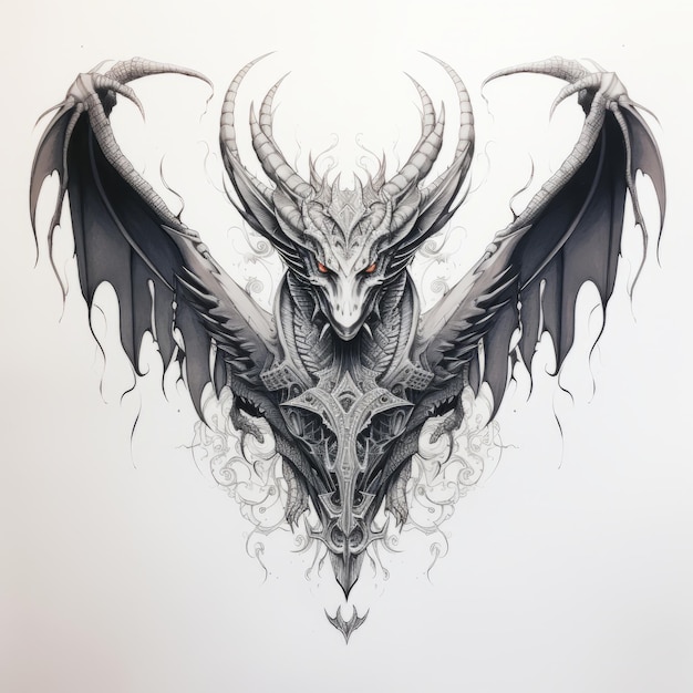 Enchanting Mastery A Breathtaking Dragon Tattoo with Majestic Wings and Horns on a Serene White Can