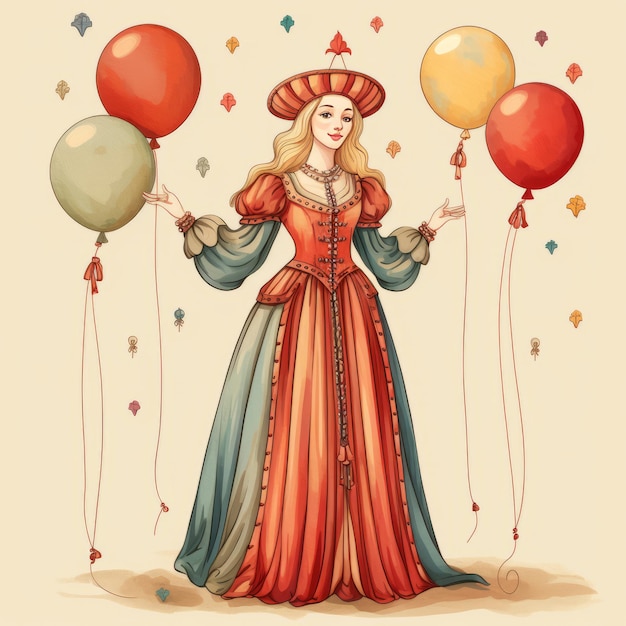 The Enchanting Medieval Celebration A Blonde Woman's Festive Journey Illustrated on Vintage Paper a