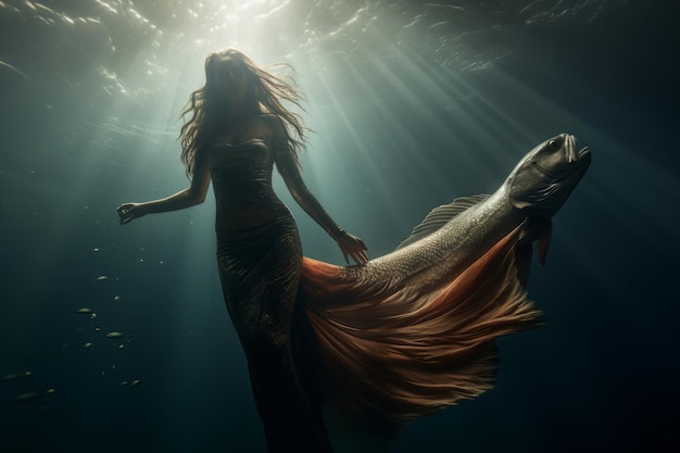 매혹적 인 해녀 스테이클 시네마틱 의 우아 한 오징어 리 는 숨막히는 해저 에서 포착 되었다