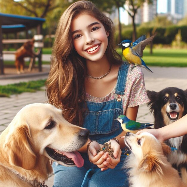 Photo enchanting moments a lovely girl dogs and joyful wildlife unite at the childrens park