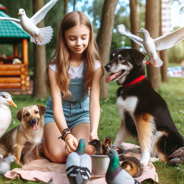 Photo enchanting moments a lovely girl dogs and joyful wildlife unite at the childrens park