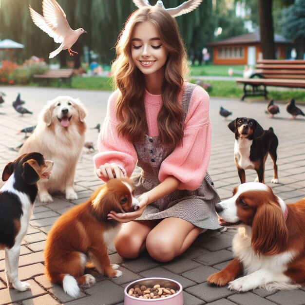 Photo enchanting moments a lovely girl dogs and joyful wildlife unite at the childrens park